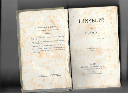 L'insecte par J.Michelet - Editions Librairie Hachette 1876