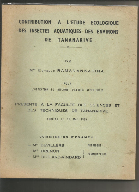 Contribution étude écologique des insectes aquatiques des environs de tananarive