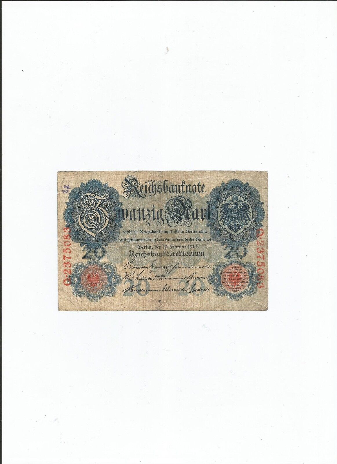 BILLET DE BANQUE ALLEMAGNE 20 MARKS 1914