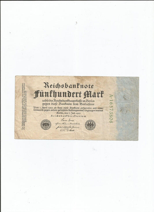 BILLET DE BANQUE ALLEMAGNE 500 MARKS 1922